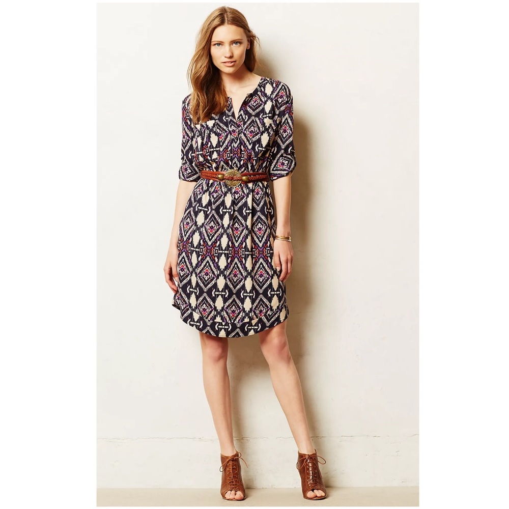 ANTHROPOLOGIE 3/4 Sleeve Shirt Dress Button Front Print Boho Holding Horses XS 0